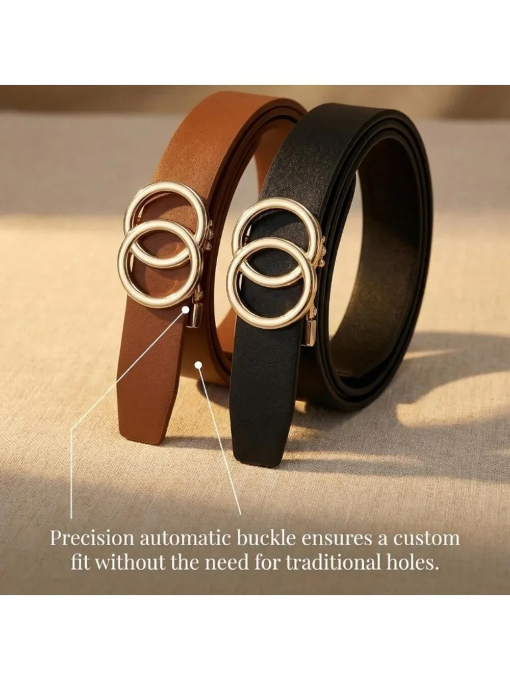 2-Pack Women's Genuine Leather Slim Waist Belts with Gold Buckle - Stylish